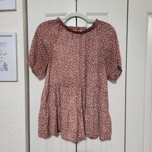 Inherit Babydoll Tiered Top – Size S – Rust Brown with Ditsy Floral – Like New